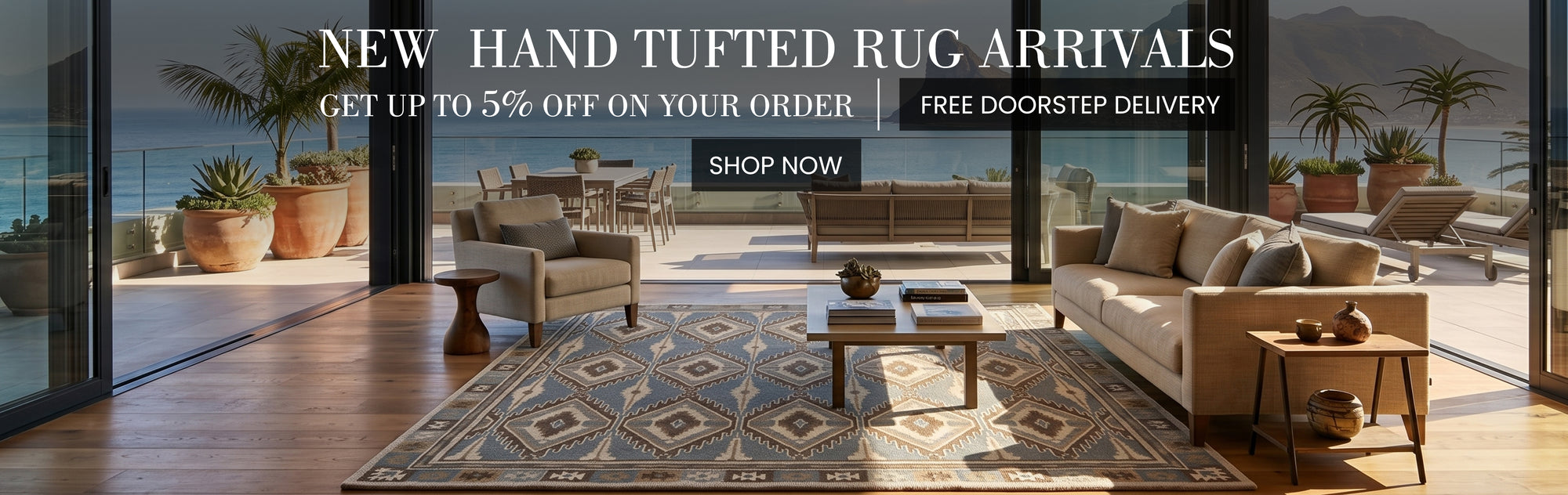 Advertisement for hand tufted rug arrivals with a living room setting and promotional text.
