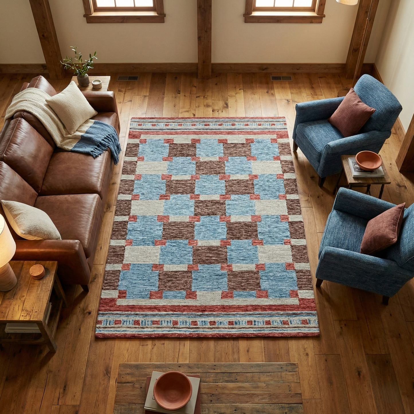 Harbor Check Terracotta Red Hand Tufted Wool Rug