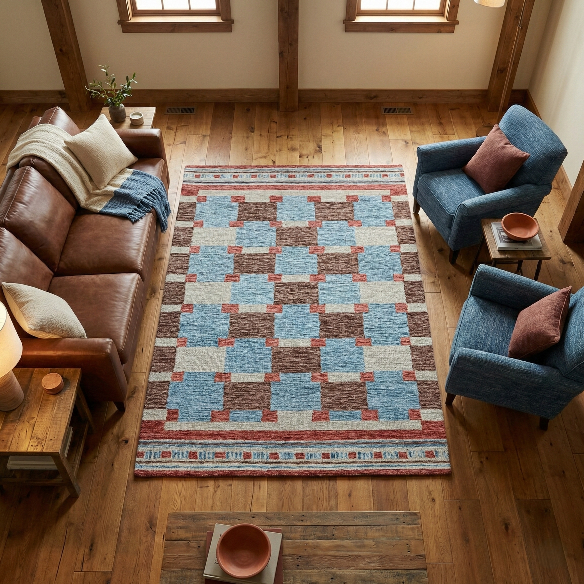 Harbor Check Terracotta Red Hand Tufted Wool Rug