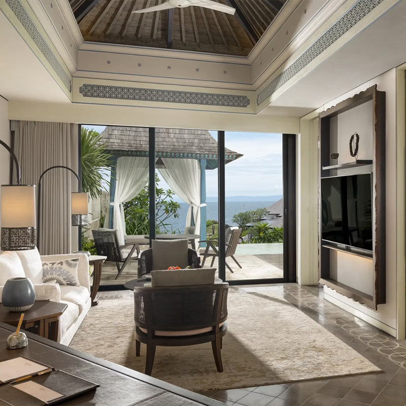 Modern living room with ocean view through large windows